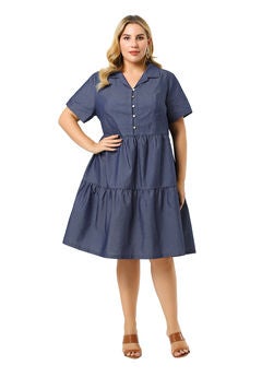 Short Sleeve Button Down Flowy Tiered Shirt Chambray Dress