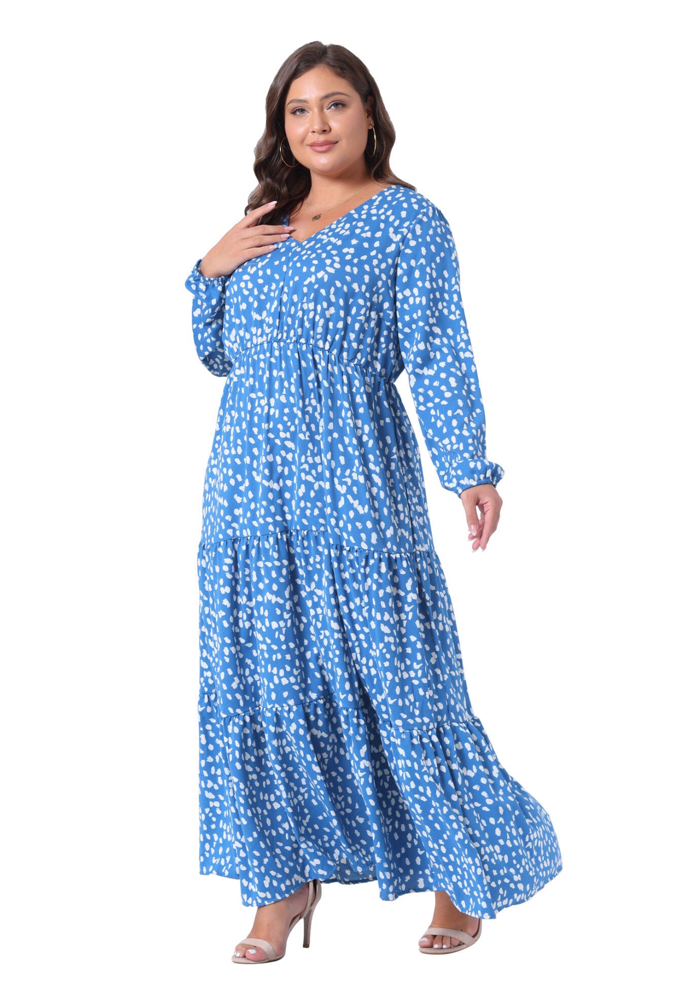 Printed Long Maxi Dress Lantern Sleeve Ruffle Hem Flowy Boho Dress, Blue / Cornflower Blue, hi-res image number 0