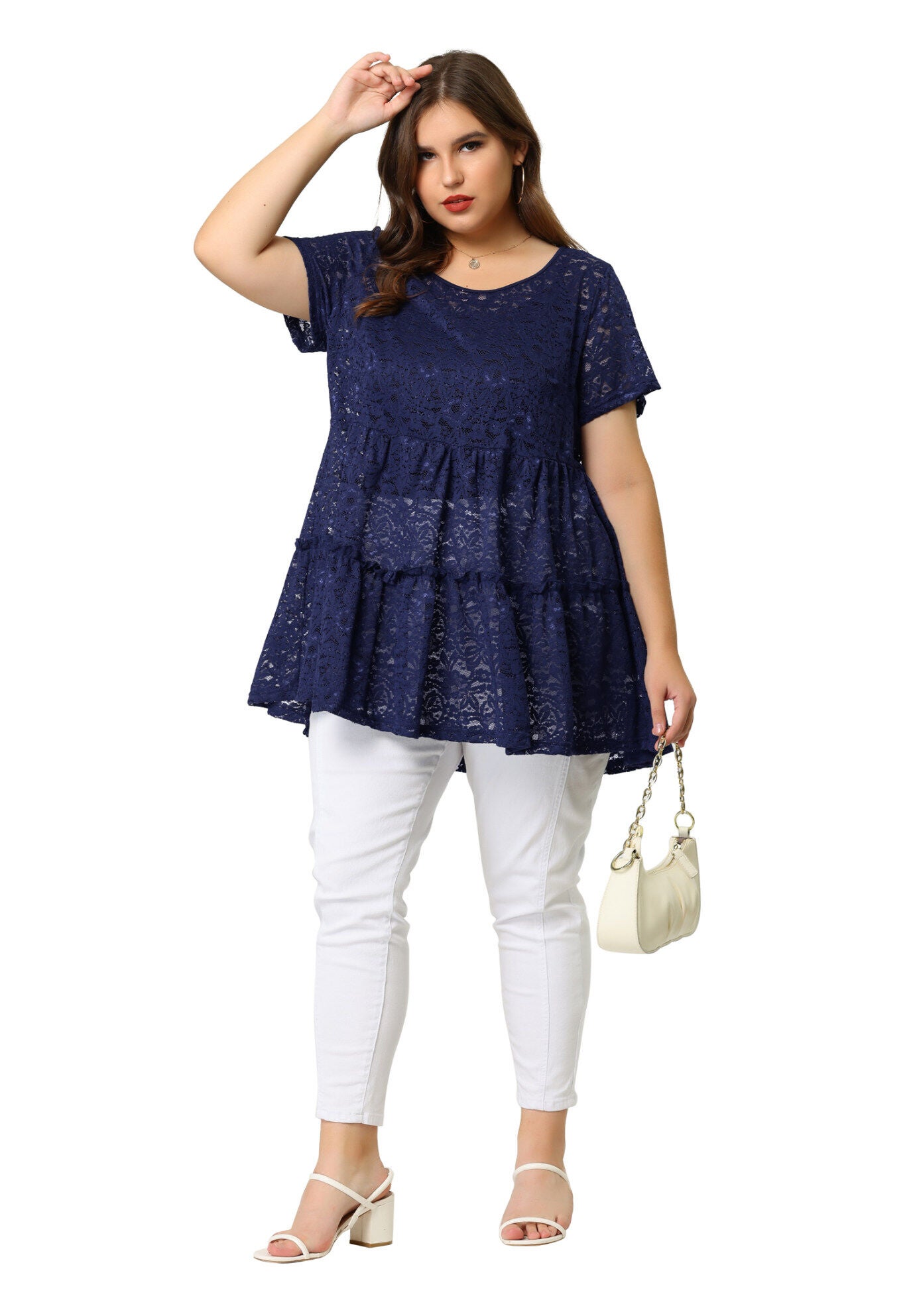 Babydoll Blouse Lace Allover Short Sleeve Tiered Peplum Top, Navy / Navy, hi-res image number 0