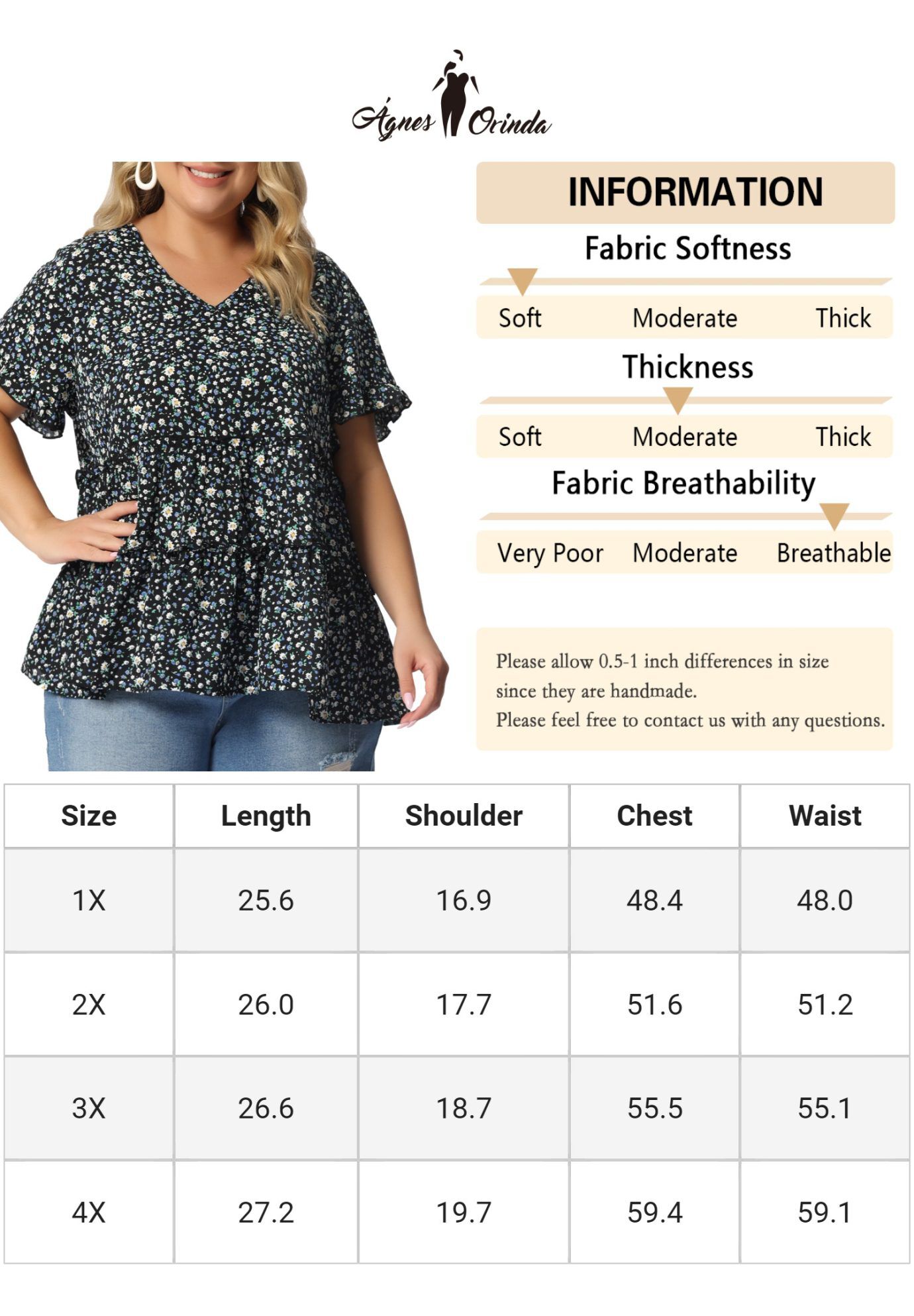 Floral Print V Neck Ruffles Sleeve Tiered Babydoll Blouse, Black / Black, alternate image number 1