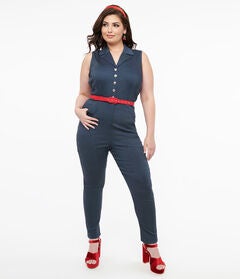 Unique Vintage Blue Denim & Red Belt Skinny Jumpsuit