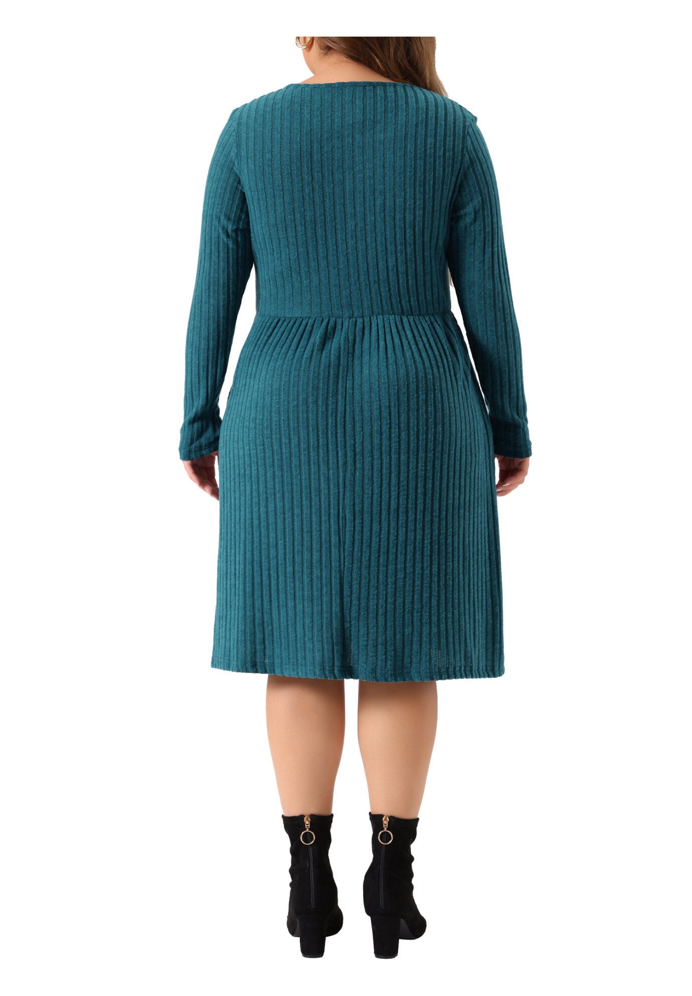 Round Neck Long Sleeve Elegant Ribbed Midi Knit Sweater Dress, Peacock Blue / Cornflower Blue, alternate image number 2