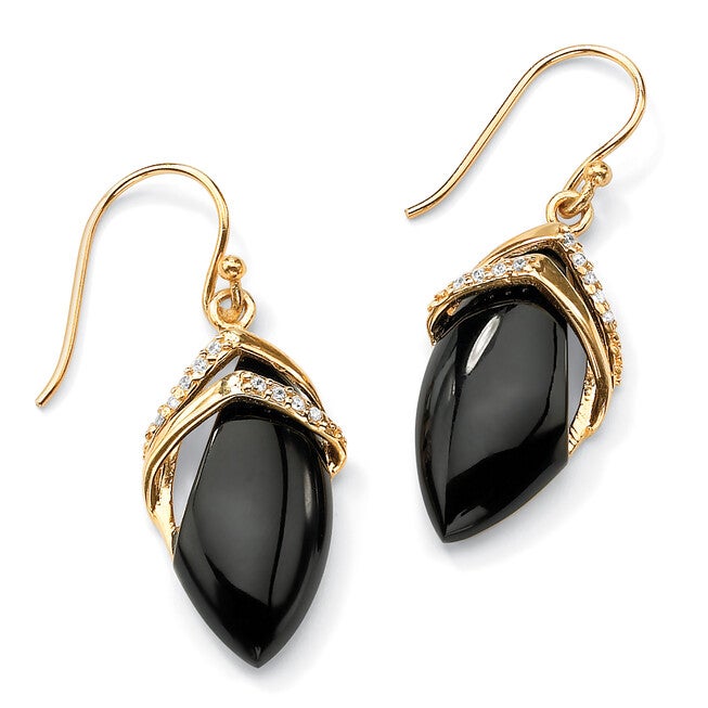 Marquise-Shaped Genuine Onyx Cubic Zirconia Accent 18k Gold-Plated Drop Earrings, Black / Black, hi-res image number 0