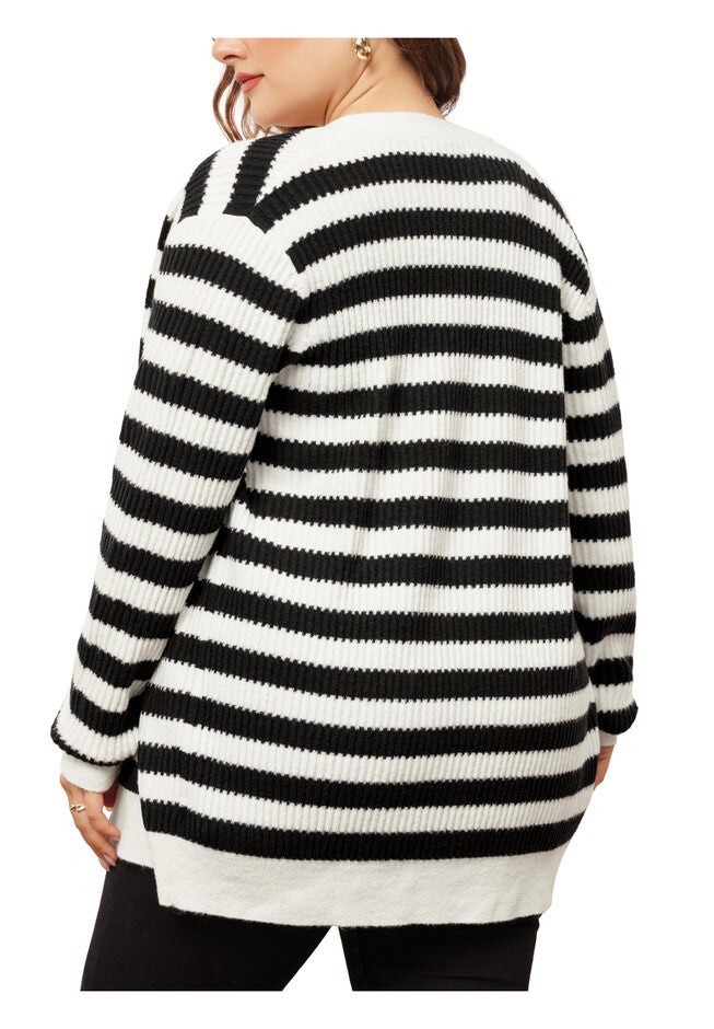 V NECK BUTTON DOWN OPEN FRONT STRIPED KNIT CARDIGAN, Black / Black, alternate image number 3