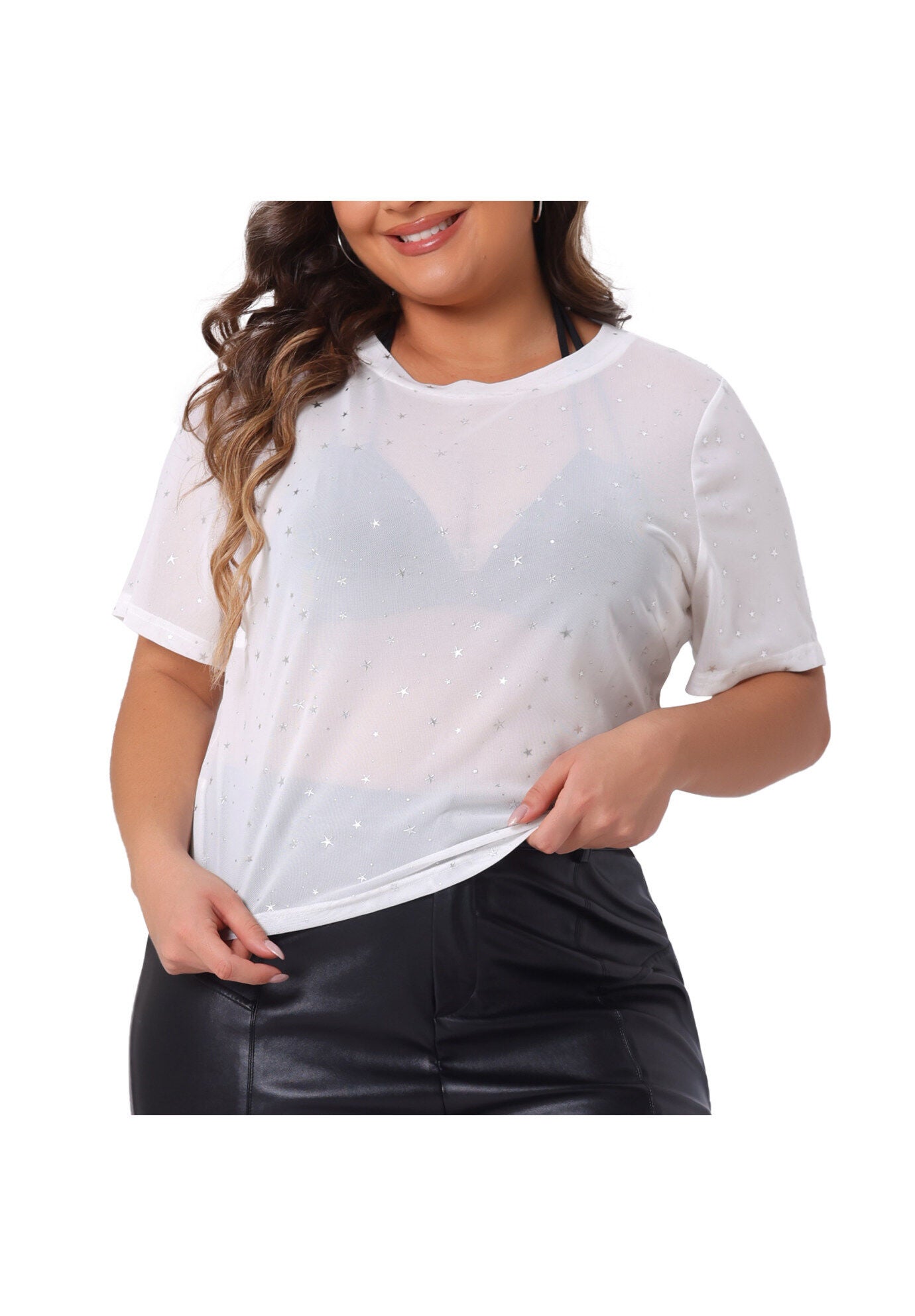 MESH TOP GLITTER SILVER STAR SHEER SEE THROUGH SHORT SLEEVE SHORT TEE, White / White, alternate image number 2