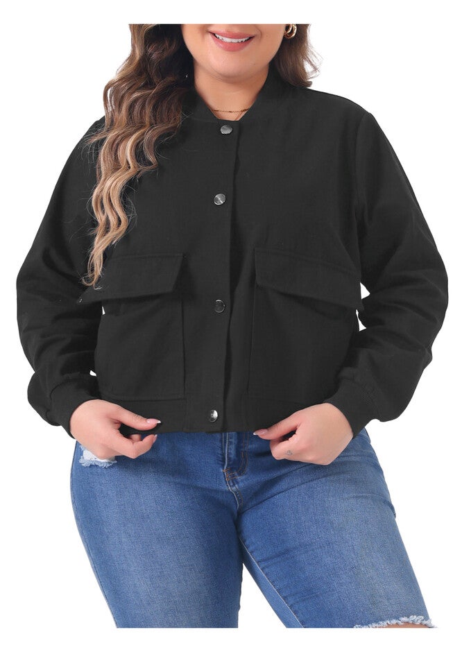 STAND COLLAR BUTTON DOWN JACKET SHACKET, Black / Black, alternate image number 1