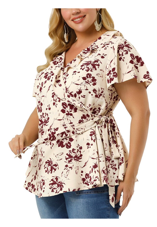 Wrap V Neck Tie Waist Ruffle Sleeve Blouse Summer Floral Top, Beige / Beige, alternate image number 2