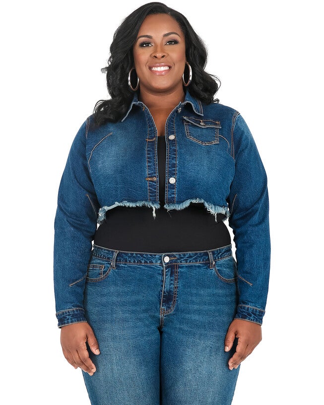 Plus Size Kaye Indigo Tinted Cropped Denim Jacket - Frayed Hem & Hanging Strap Detail, Blue / Dark Wash, hi-res image number 0
