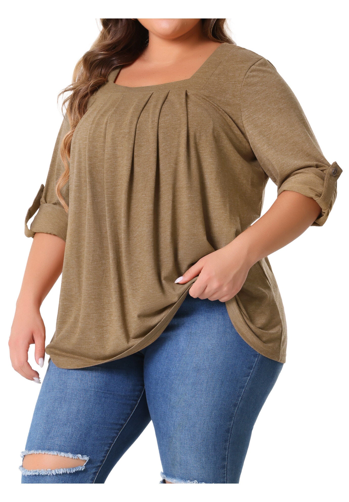 Square Neck Flowy Pleated Loose Fit Tunic Top, Brown / Brown, alternate image number 4