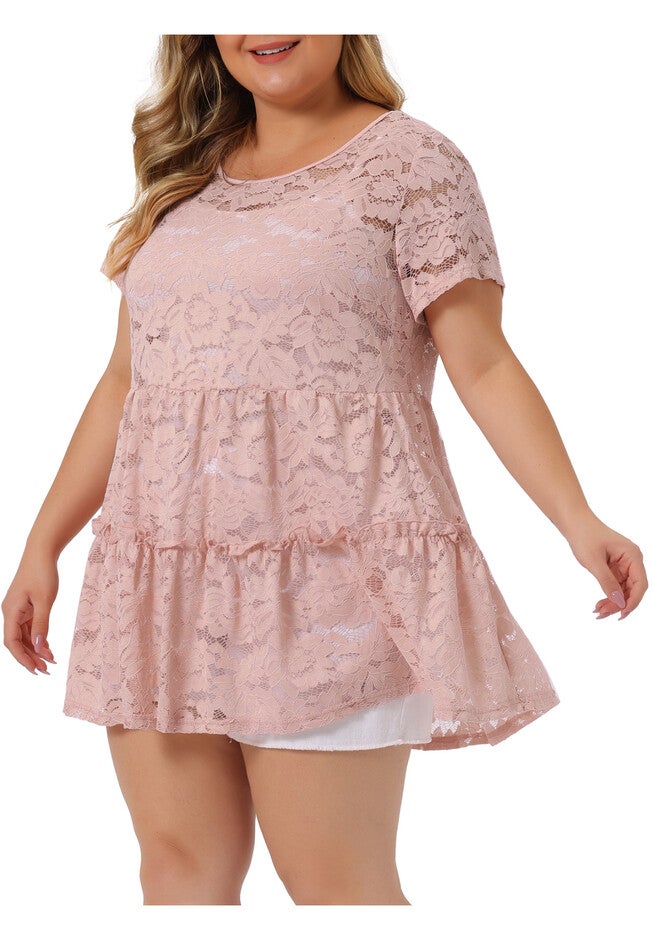 Babydoll Blouse Lace Allover Short Sleeve Tiered Peplum Top, Pale Pink / Pink, alternate image number 2