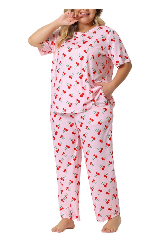 Cherry Print Sleepwear Lounge Set, Pink / Pink, alternate image number 2