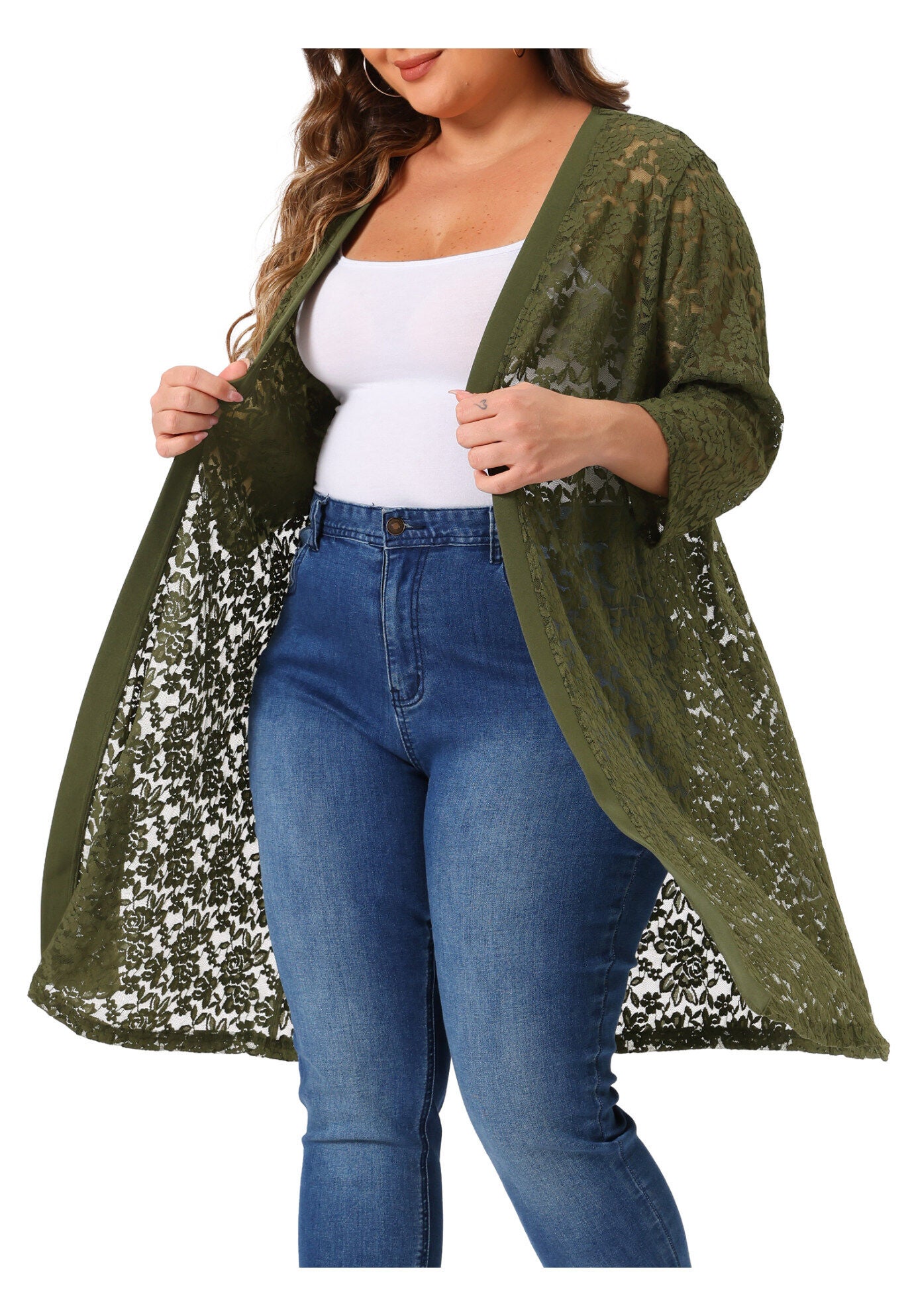 LACE CROCHET 3/4 SLEEVE COVER UP CARDIGAN, Army Green / Hunter Green, alternate image number 2