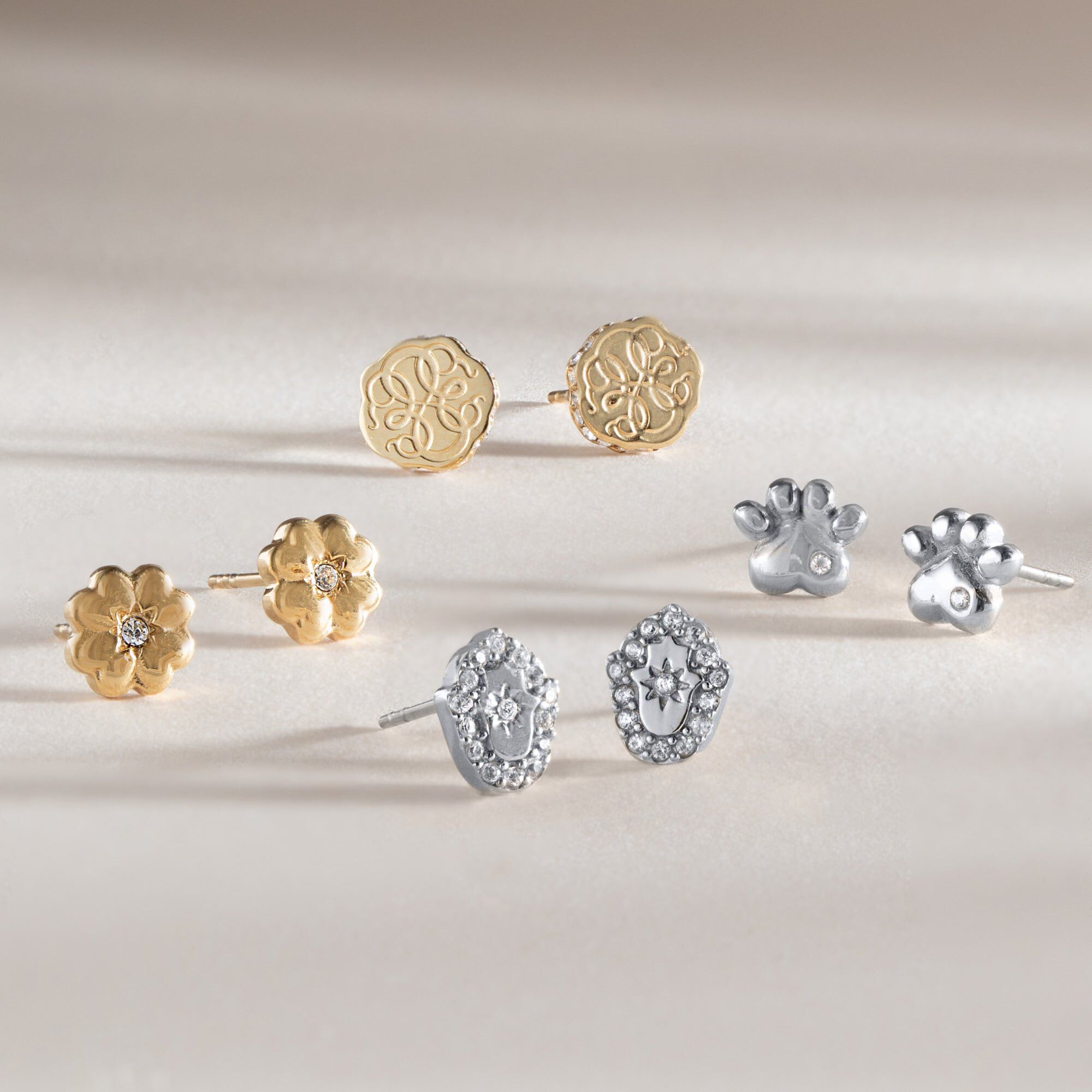 Crystal Clover Mini Stud Earrings, Gold / Gold, alternate image number 2