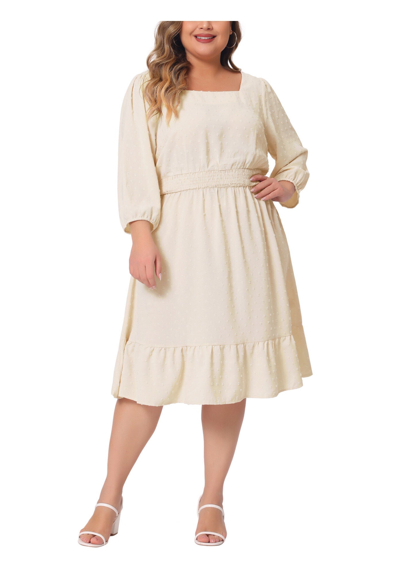 Swiss Dots Bohemian Square Neck Midi Chiffon Dress, Apricot / White, alternate image number 1