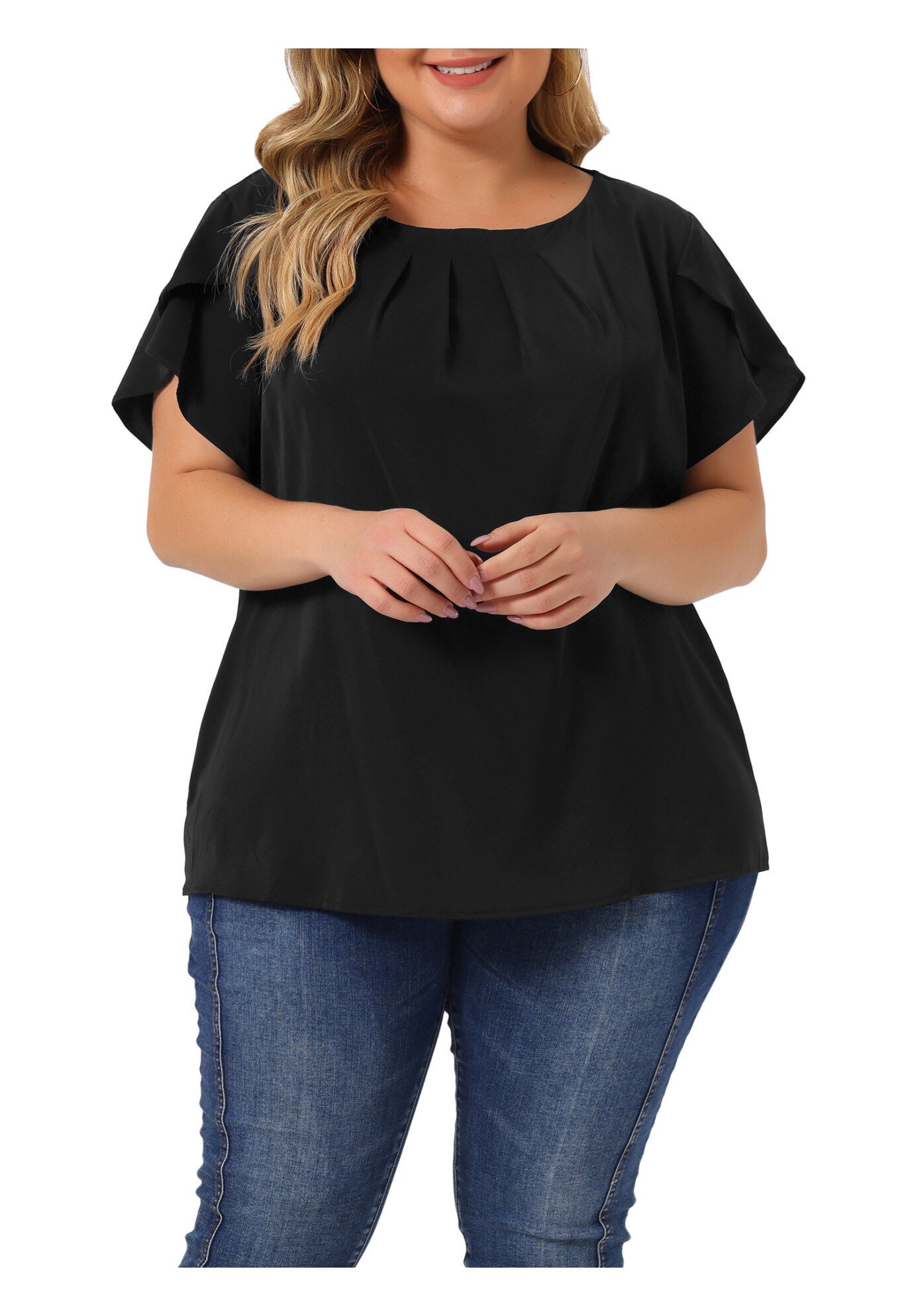 Round Neck Pleated Top Tulip Sleeves Blouse Top, Black / Black, alternate image number 1