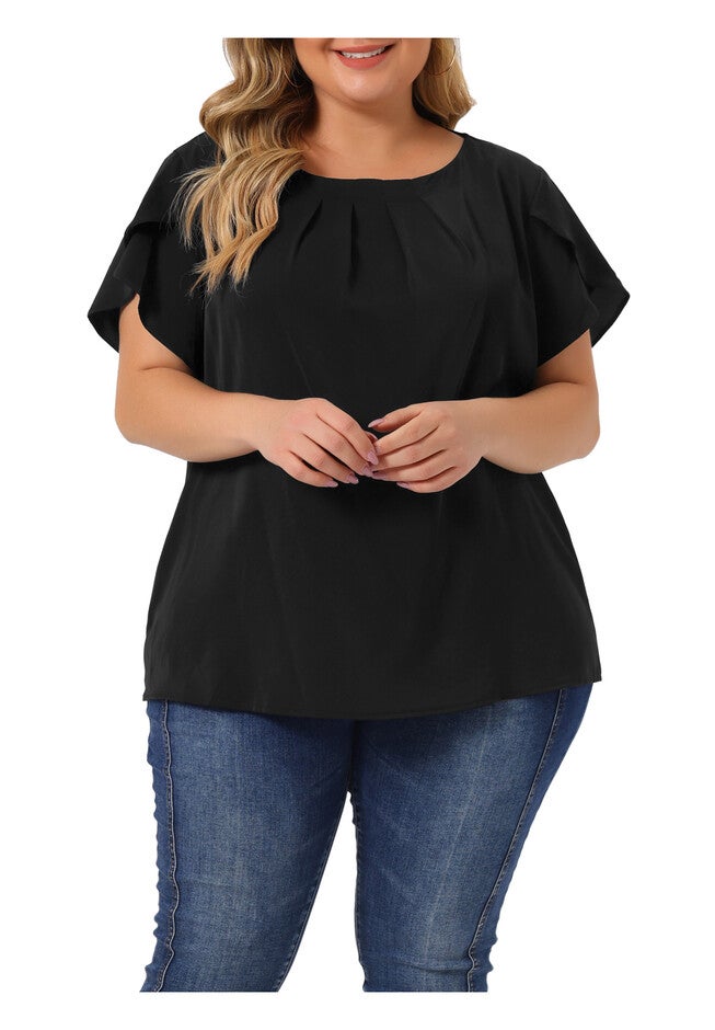 Round Neck Pleated Top Tulip Sleeves Blouse Top, Black / Black, alternate image number 1