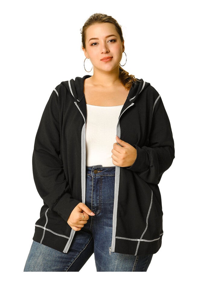 ZIP FRONT LONG SLEEVE HOODIE JACKET, Black / Black, alternate image number 2