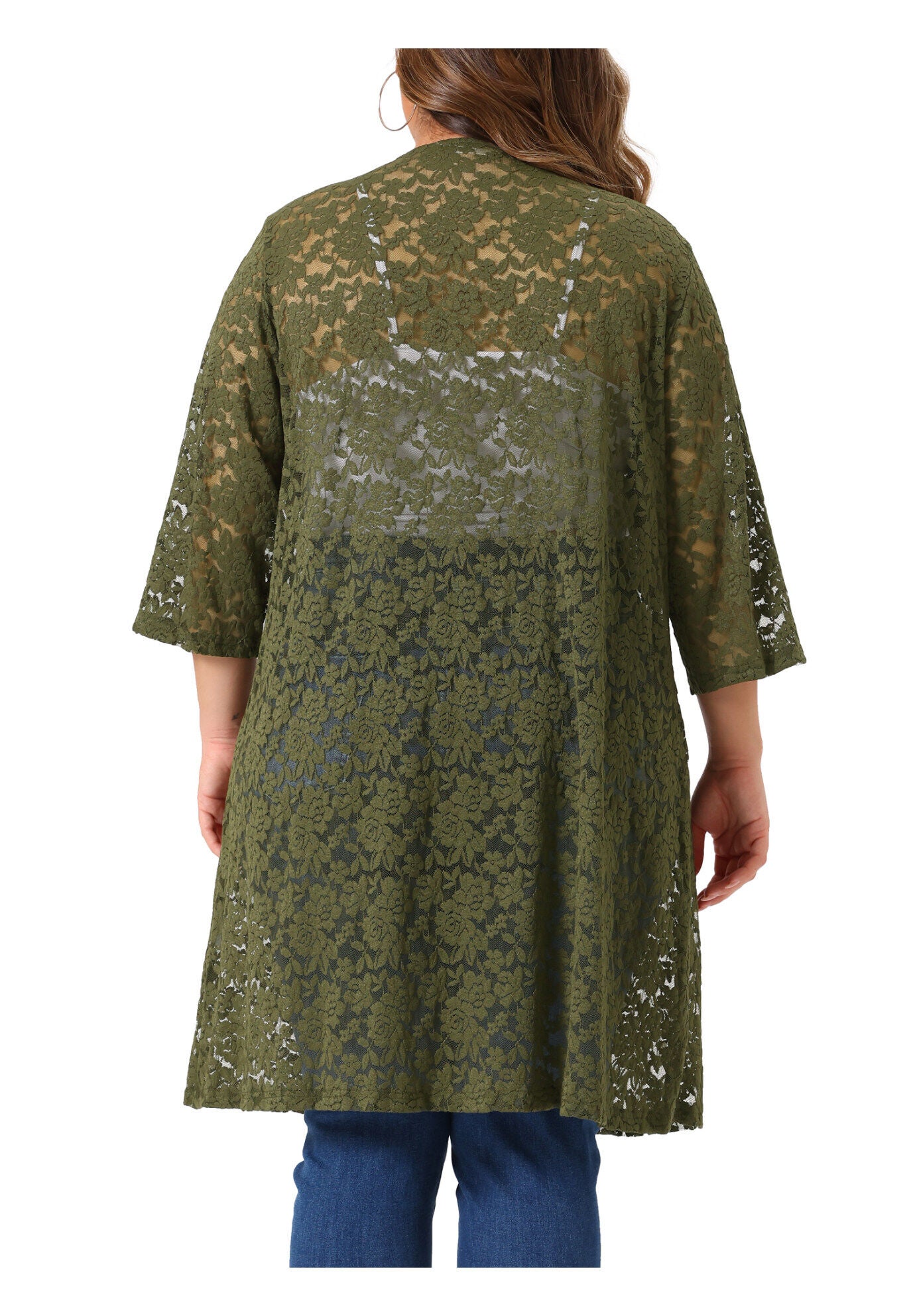 LACE CROCHET 3/4 SLEEVE COVER UP CARDIGAN, Army Green / Hunter Green, alternate image number 4