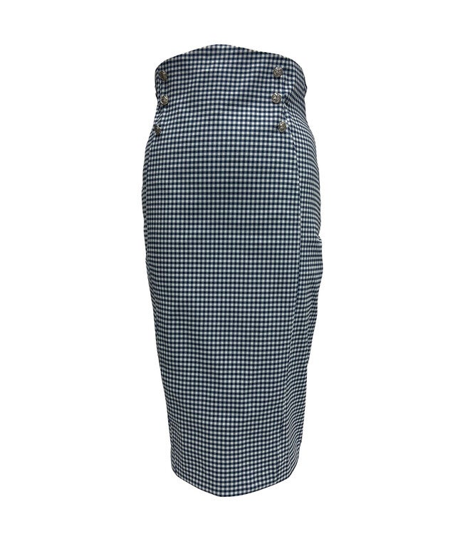 Unique Vintage Blue & White Gingham Sailor Sierra Pencil Skirt, Blue Gingham White / Light Blue, hi-res image number 0