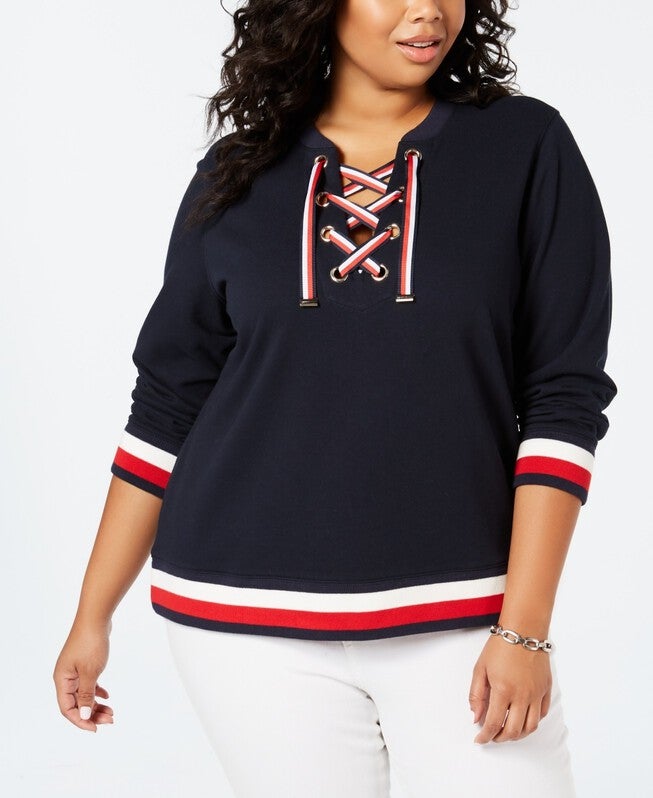 Tommy Hilfiger Women's Plus Size Lace Up Sweatshirt Blue Size 0X, Blue / Navy, hi-res image number 0