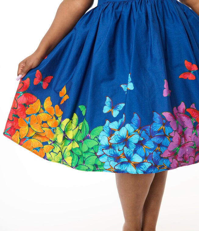 Unique Vintage Plus Size Rainbow Butterfly Cotton Bobbie Swing Dress, White / White, alternate image number 1