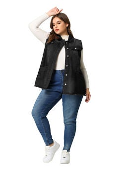 BUTTON FRONT LAPEL FRAYED WASHED SLEEVELESS LONG DENIM VEST