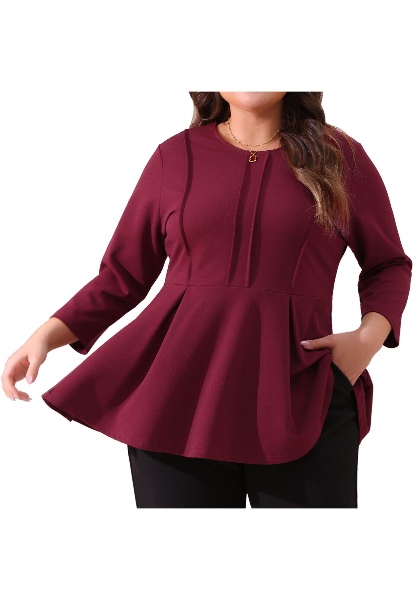 Crew Neck 3/4 Sleeve Peplum Top, Burgundy / Burgundy, alternate image number 1