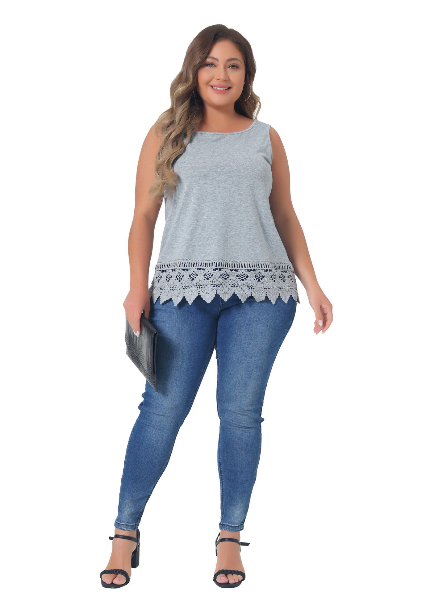 Round Neck Sleeveless Swing Lace Panel Flowy Top, Grey / Light Grey, hi-res image number 0