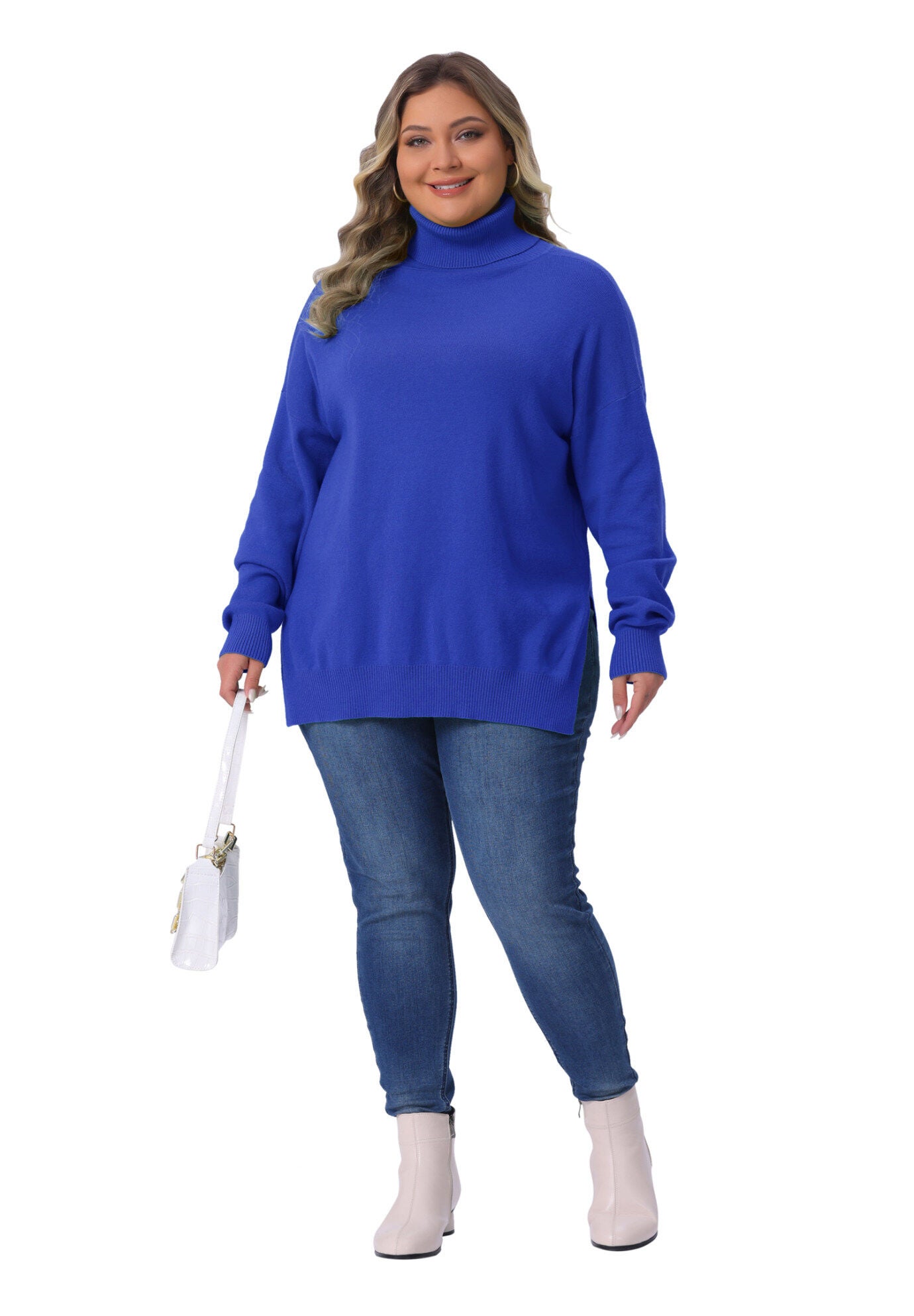 Turtle Neck Side Slit Casual Pullover Knit Top, Blue / Royal Blue, hi-res image number 0
