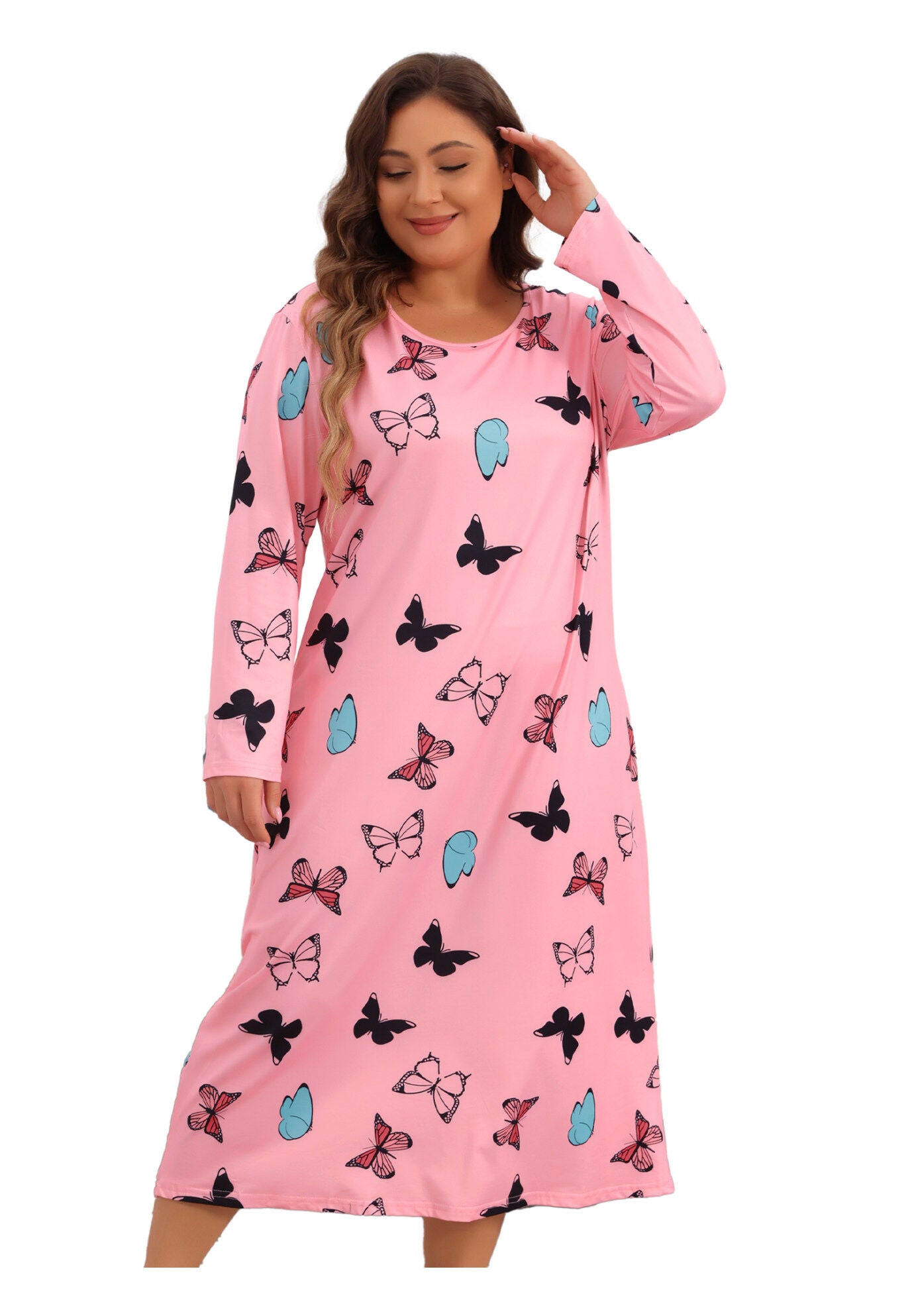 Crew Neck Long Sleeve Print Sleep Dress, Pink / Pink, hi-res image number 0