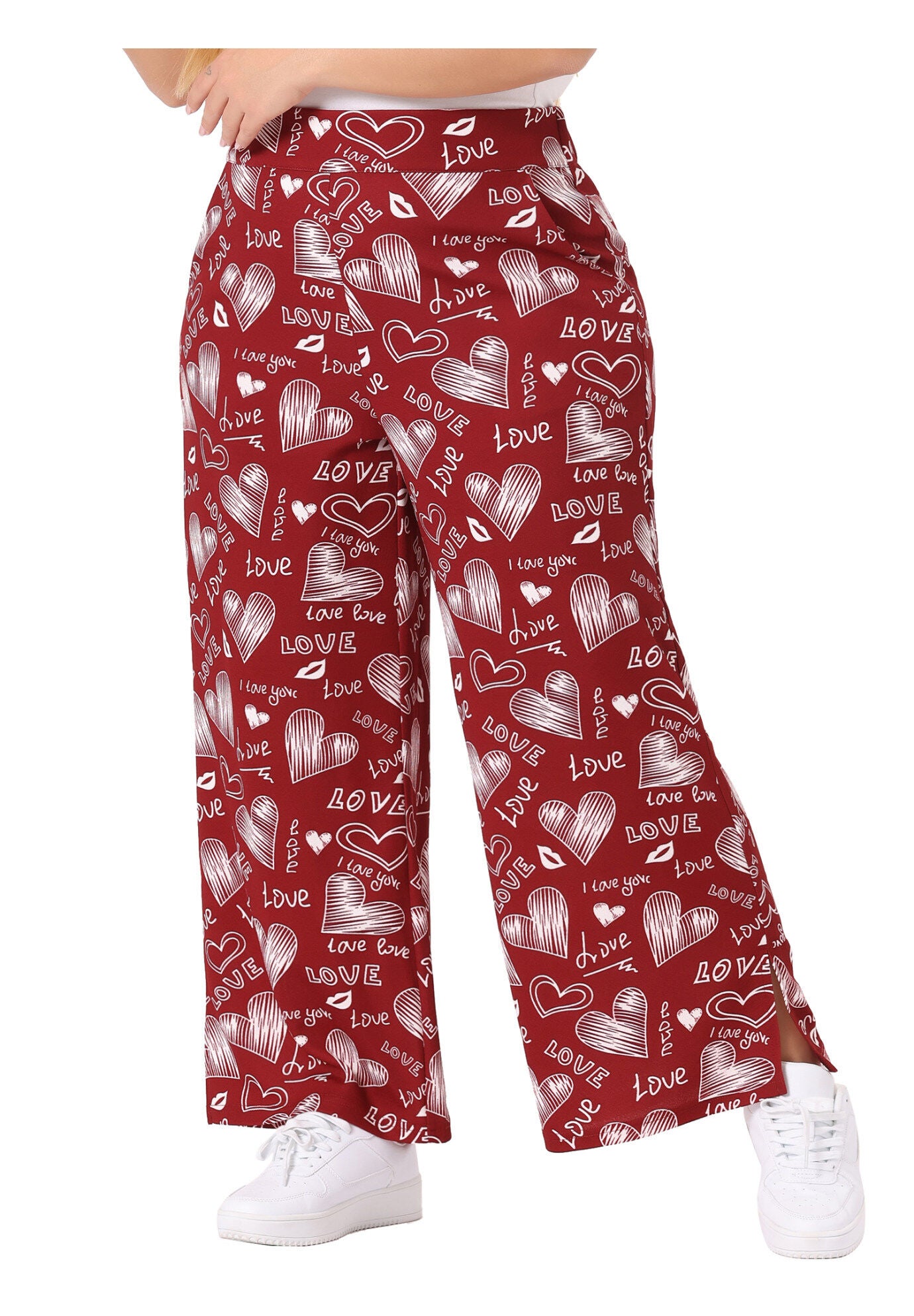 POLKA DOTS ELASTIC WAIST WIDE LEG OVERSIZE PALAZZO PANTS, Red / Red, alternate image number 1