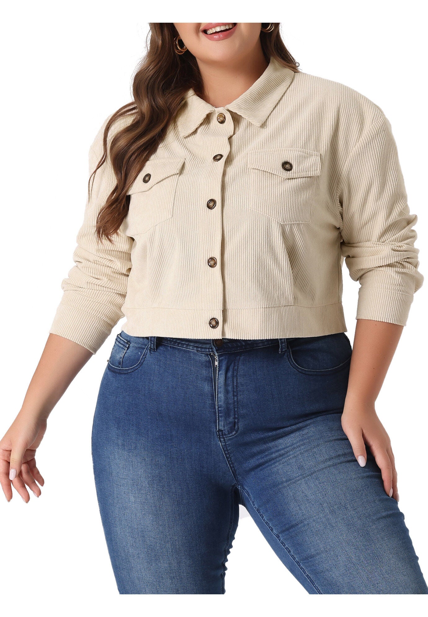 CORDUROY CROPPED BUTTON DOWN LONG SLEEVE SHIRT SHACKET JACKET, Apricot / Cream, alternate image number 4