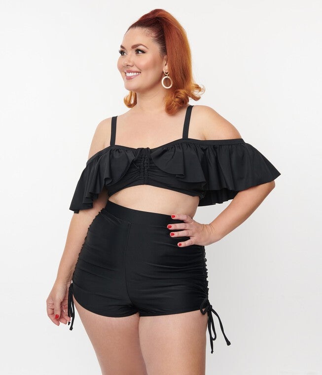 Unique Vintage Black Ruffle Swim Top, , alternate image number 7