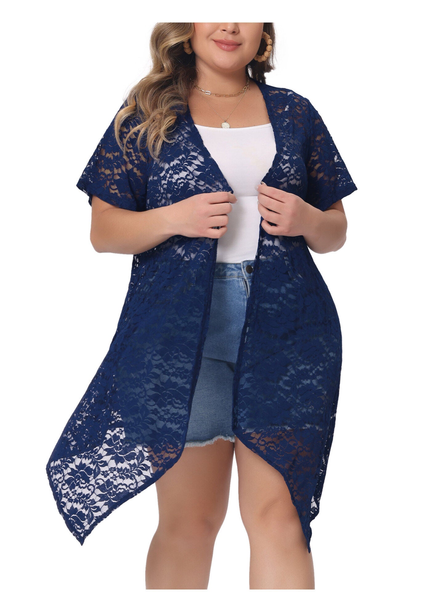 Lace Crochet Cardigan Open Front Short Sleeves Sheer Cover Up, Royal Blue / Royal Blue, alternate image number 1