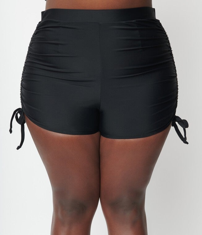 Unique Vintage Black Pull Tie Swim Shorts, Black / Black, alternate image number 2