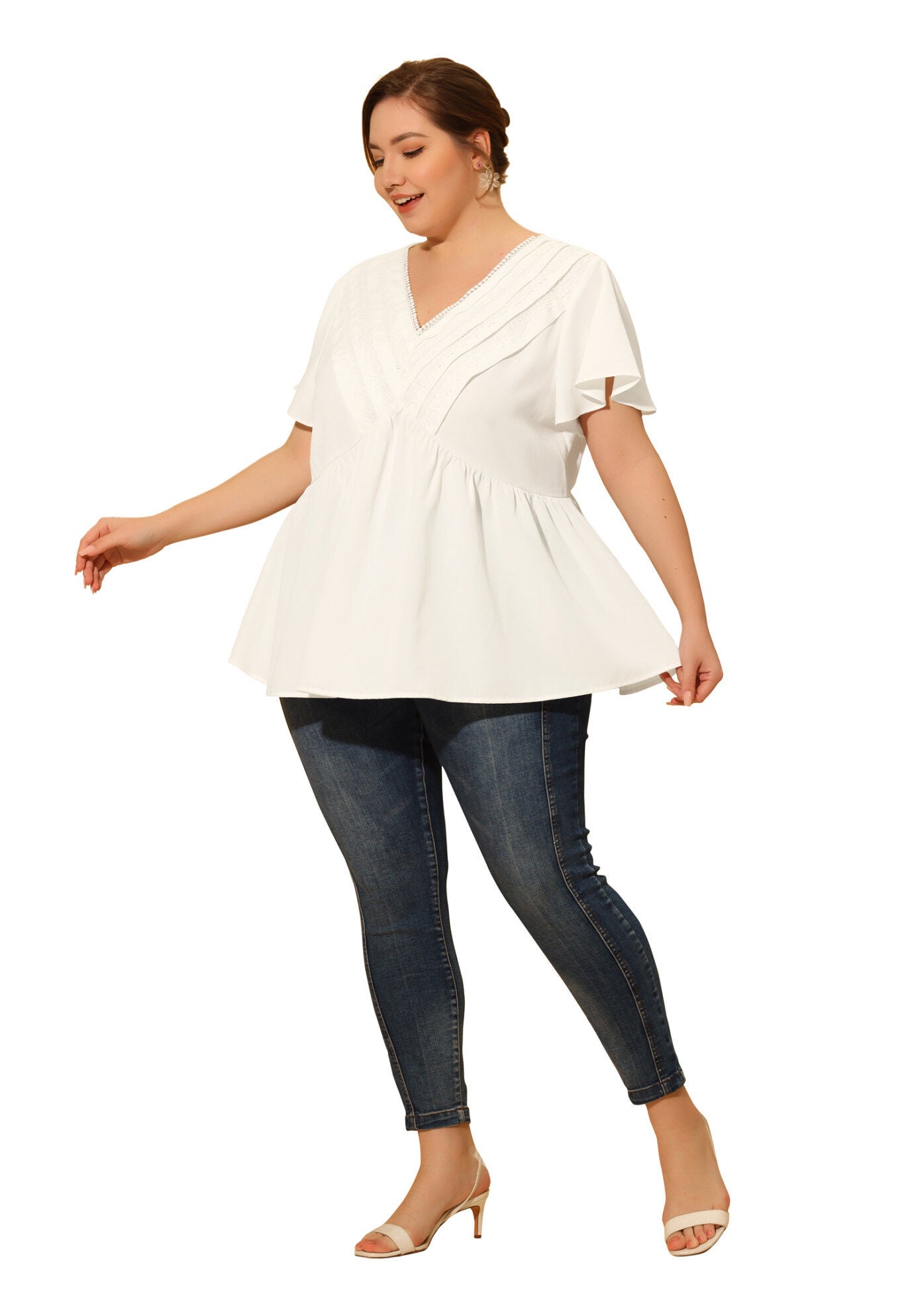 V NECK FLARE SLEEVE RUFFLE PEPLUM WRAP BLOUSE TOP, White / White, hi-res image number 0