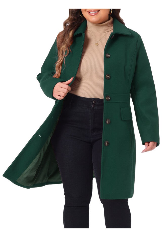 PETER PAN COLLAR SINGLE BREASTED WINTER LONG COAT, Dark Green / Forest Green, alternate image number 1