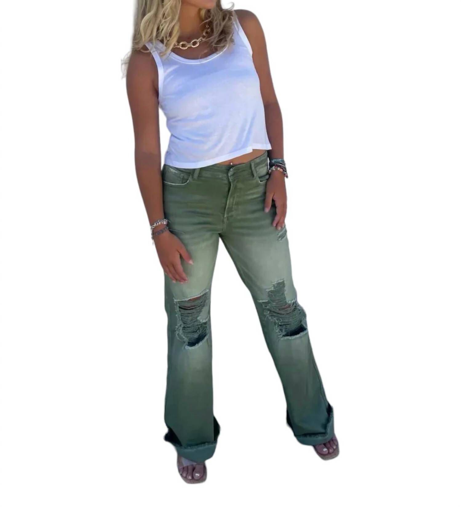FLARED DISTRESSED JEANS, Olive / Olive Green, hi-res image number 0