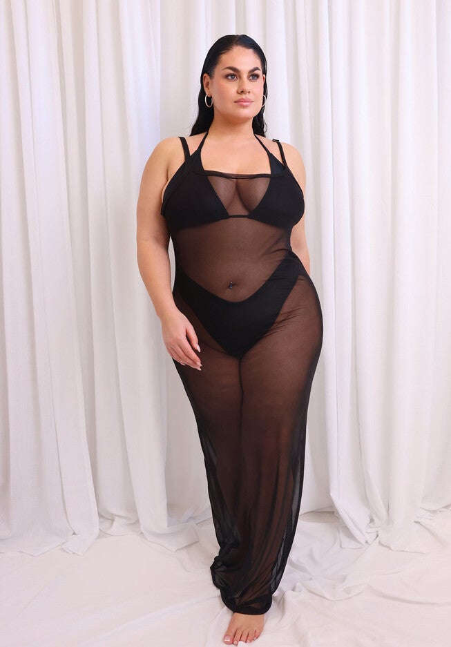 Lilli Sheer Mesh Maxi Slip Dress, Black / Black, hi-res image number 0