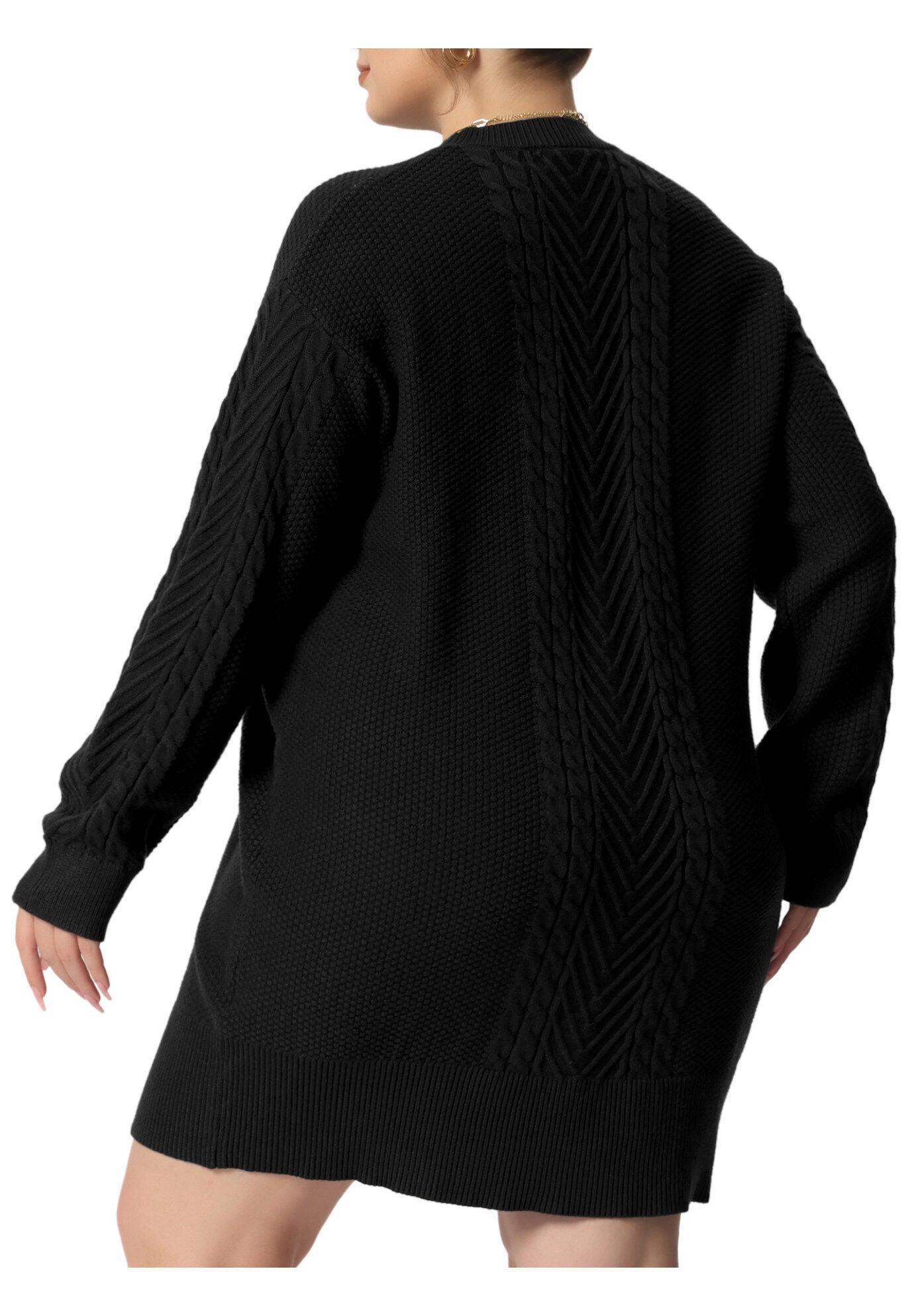 CREWNECK LONG SLEEVE KNIT TUNIC PULLOVER SHORT SWEATER DRESS, Black / Black, alternate image number 3