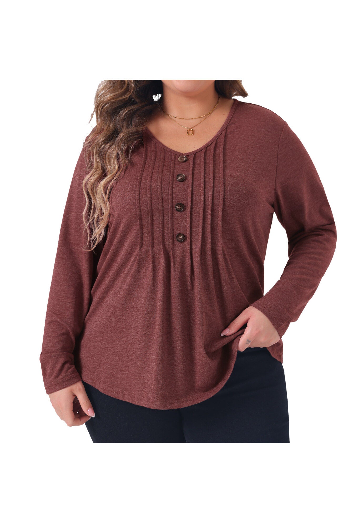 Long Sleeve Pleated Front V Neck Button Blouse, Burgundy / Burgundy, alternate image number 2