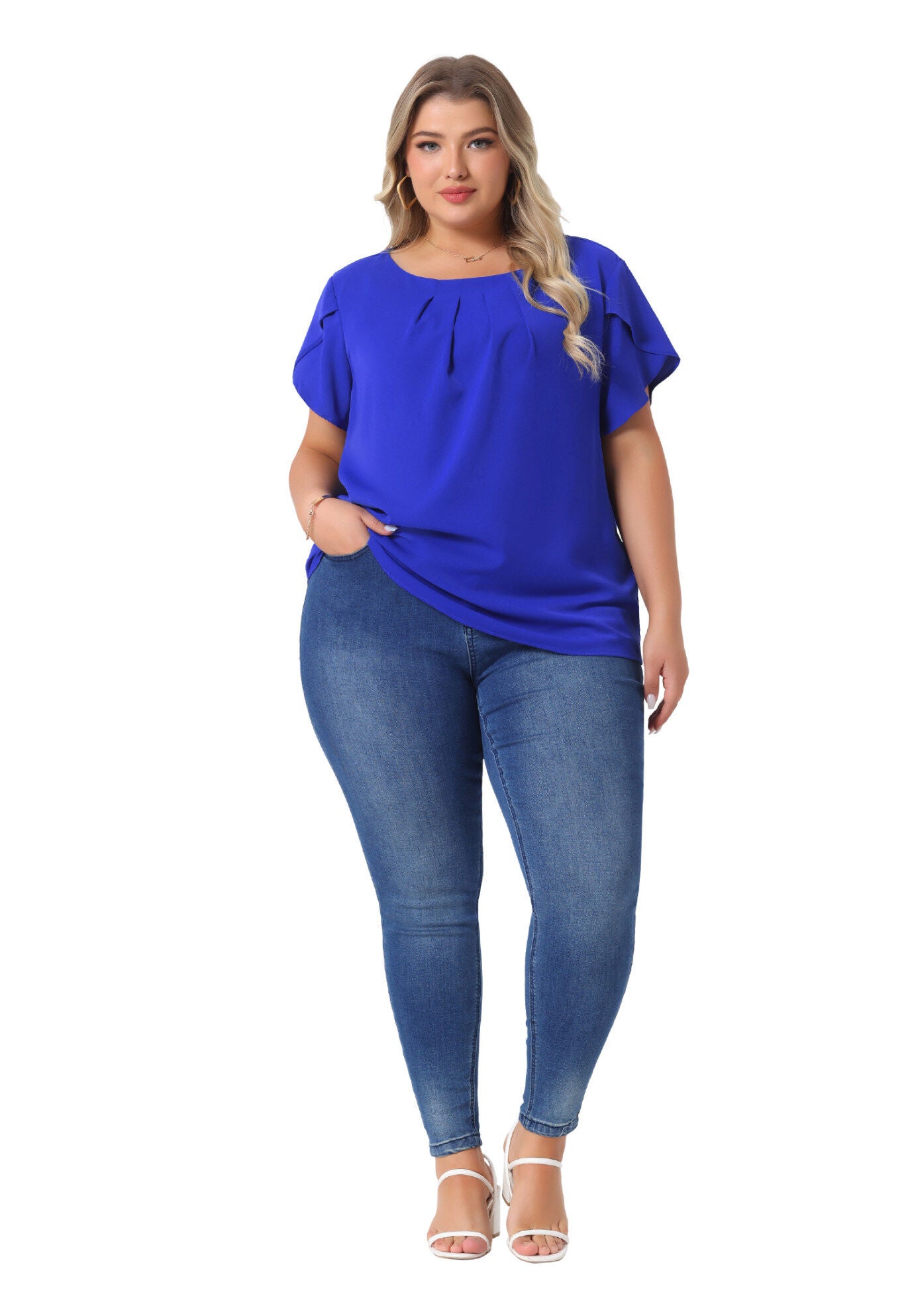 Round Neck Pleated Top Tulip Sleeves Blouse Top, Royal Blue / Royal Blue, hi-res image number 0
