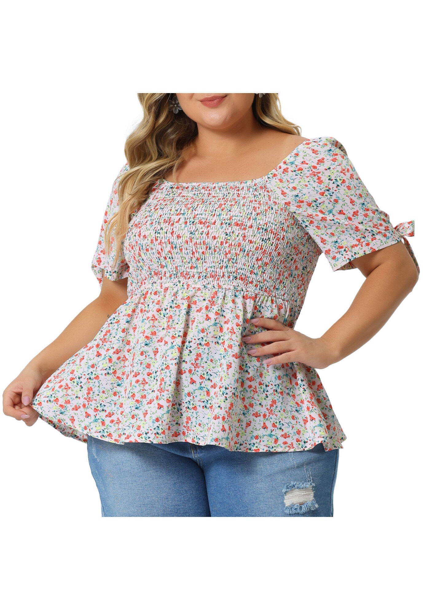 Summer Square Neck Smocked Bow Tie Short Sleeve Peplum Blouse, Pink / Pink, alternate image number 1