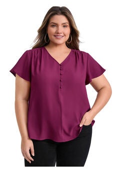 Pleated Ruffle Short Sleeve V Neck Button Decor Blouse Top