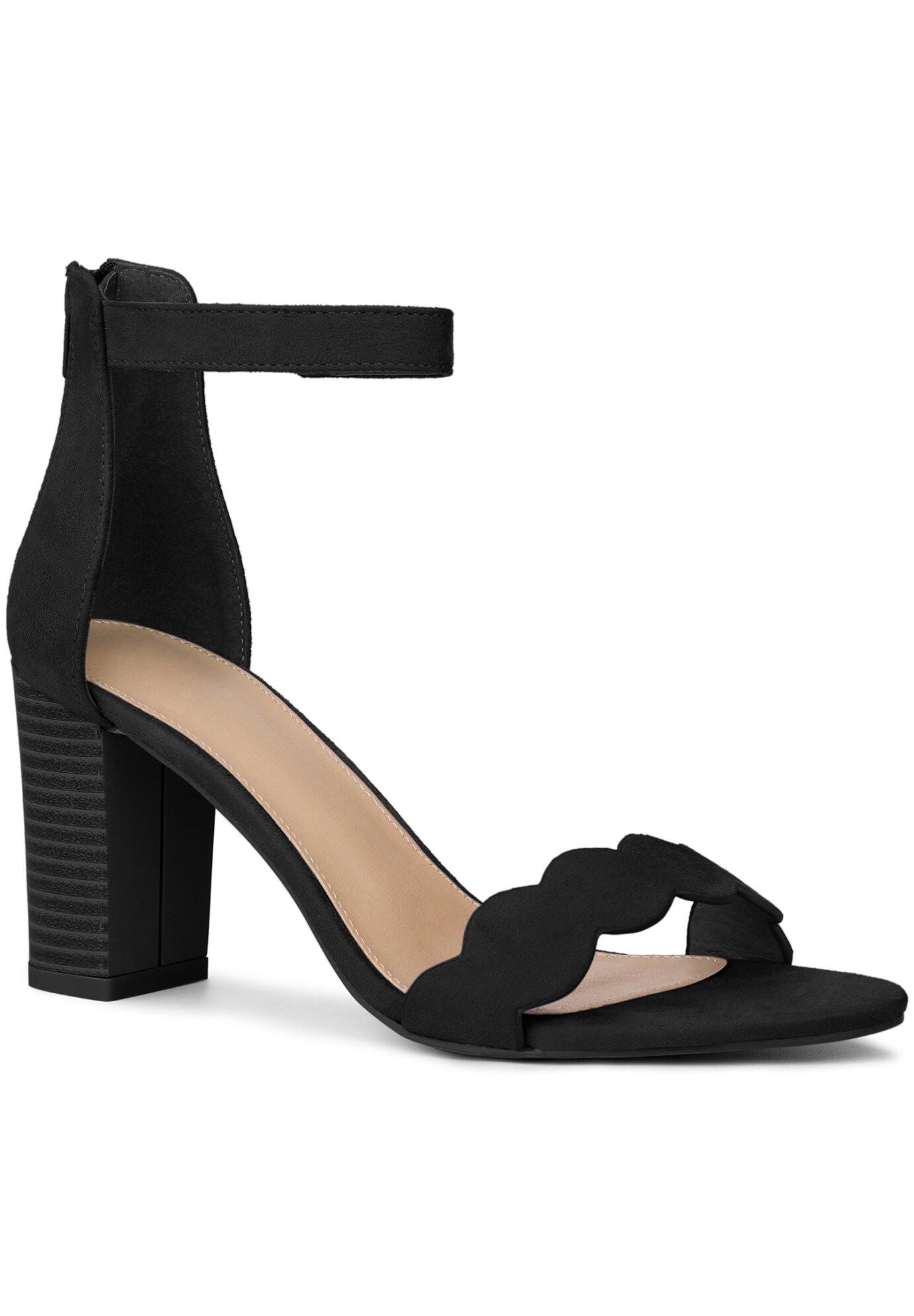 Scalloped Heel Ankle Strap Chunky Heels Sandals, Black / Black, hi-res image number 0
