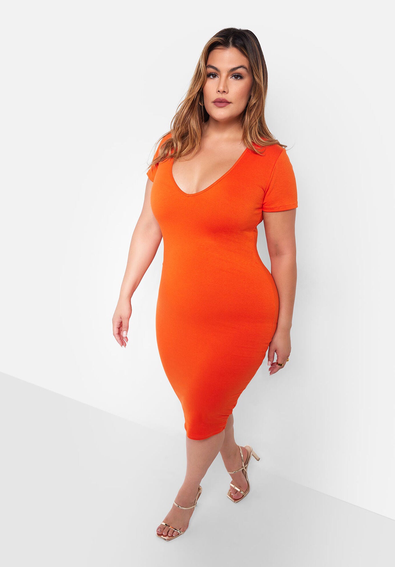 Essential Scoop Neck Midi Bodycon Dress, Orange / Orange, alternate image number 1