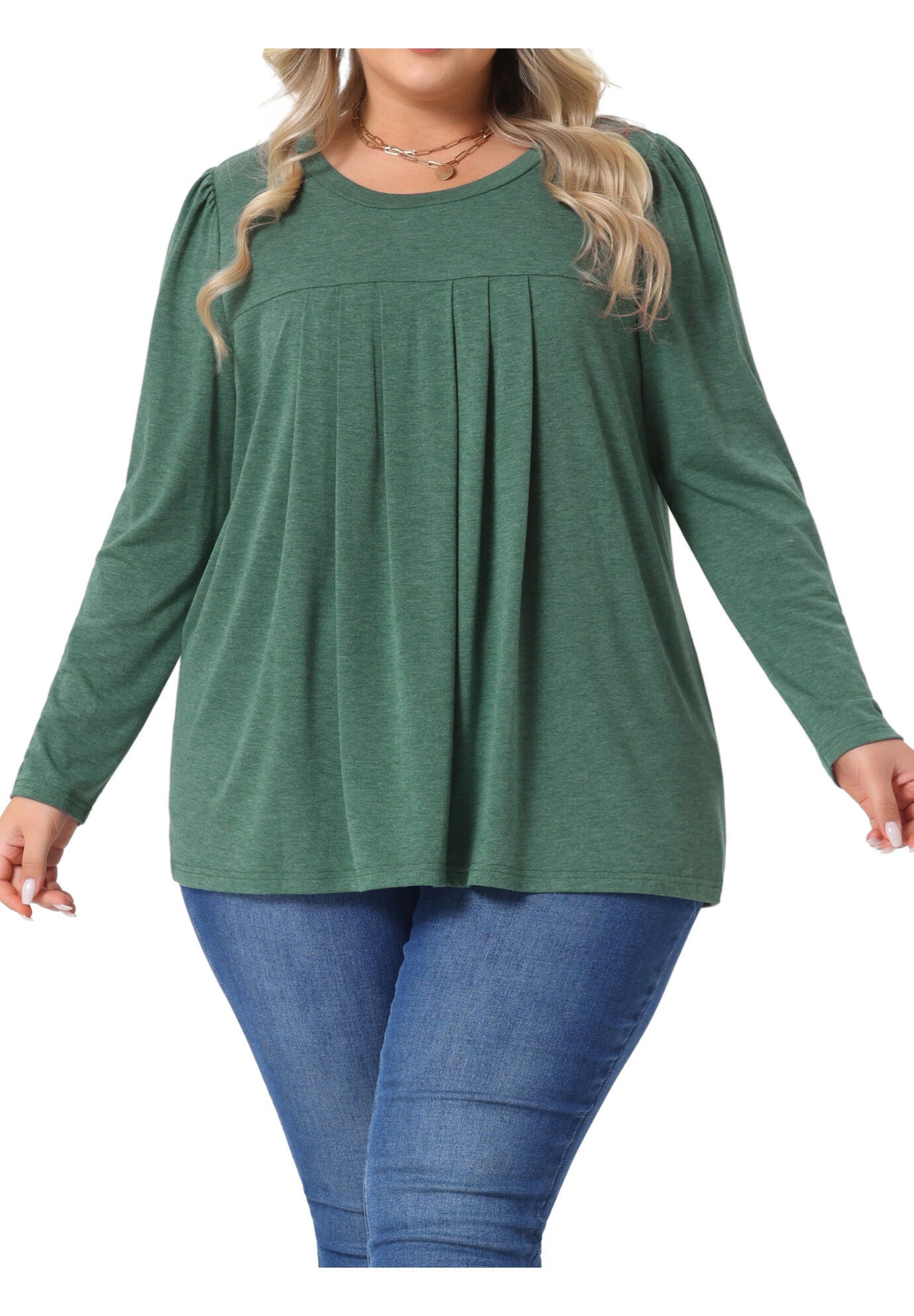 Pleated Crew Neck Blouses Casual Loose Top, Green / Hunter Green, alternate image number 2