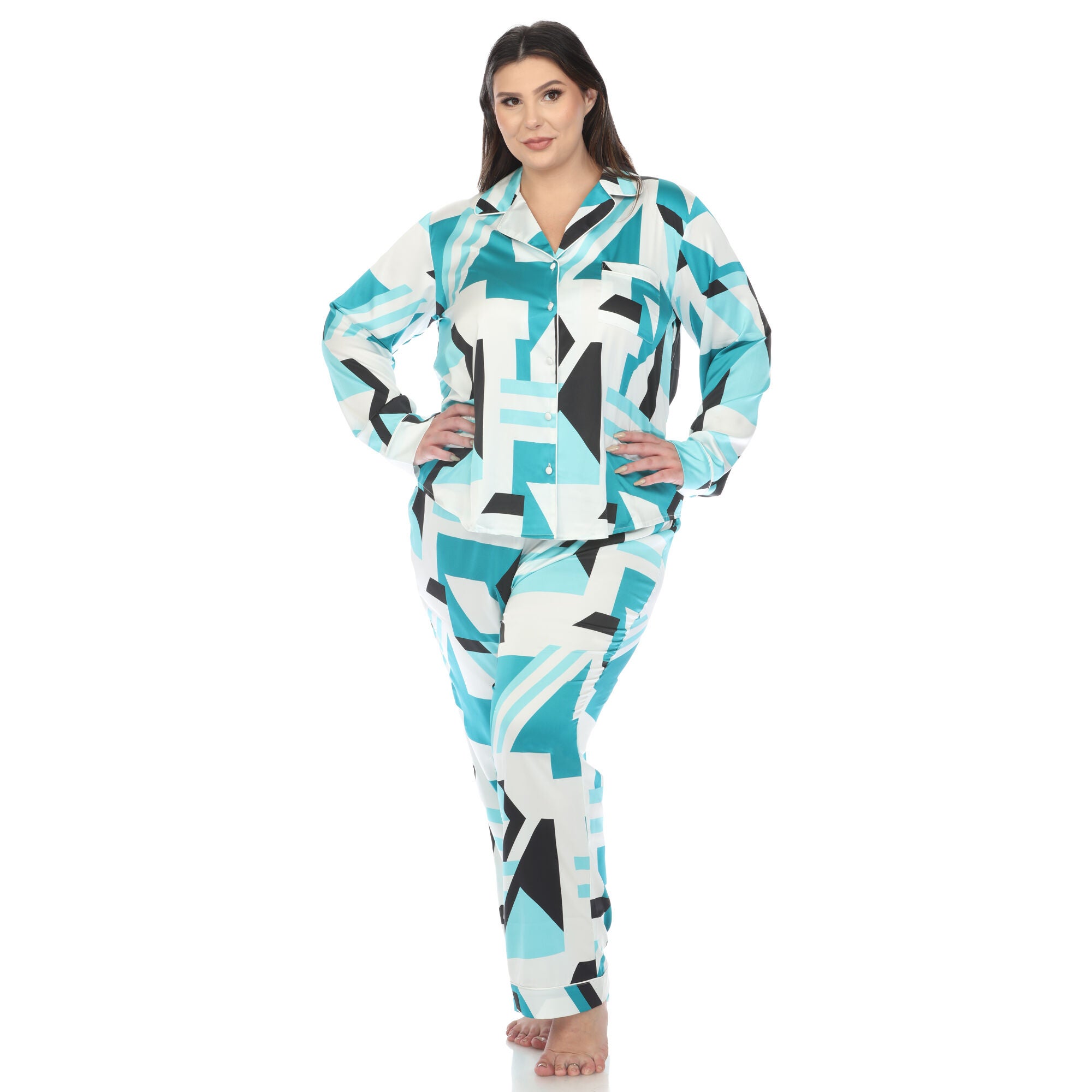 Printed Satin Pajama Set, Teal / Teal, hi-res image number 0