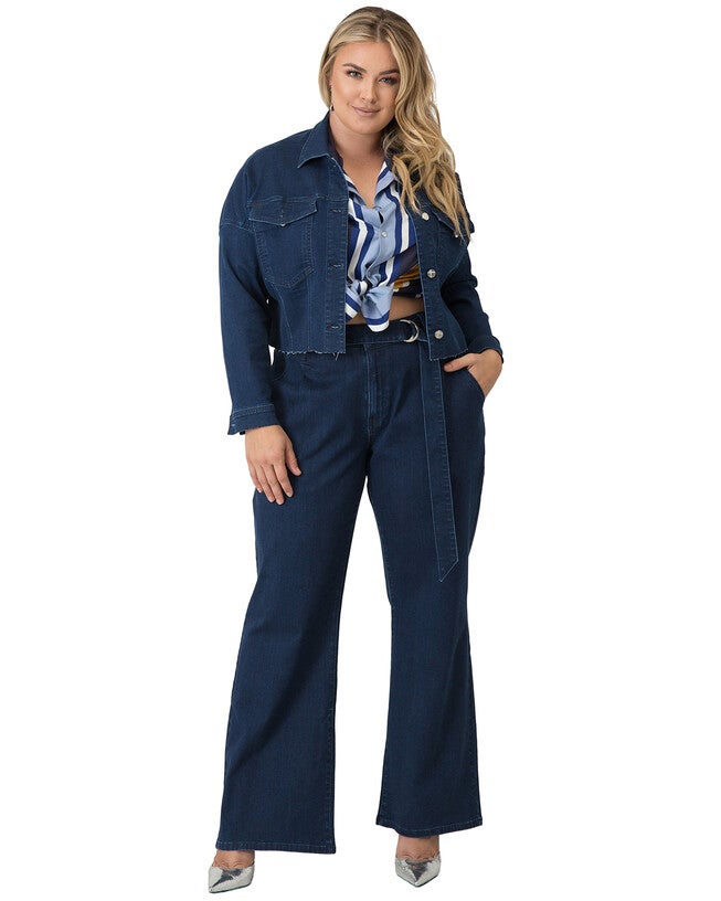 Zahra Plus Size Belted Wide Leg Denim Trouser Jeans, , alternate image number 8