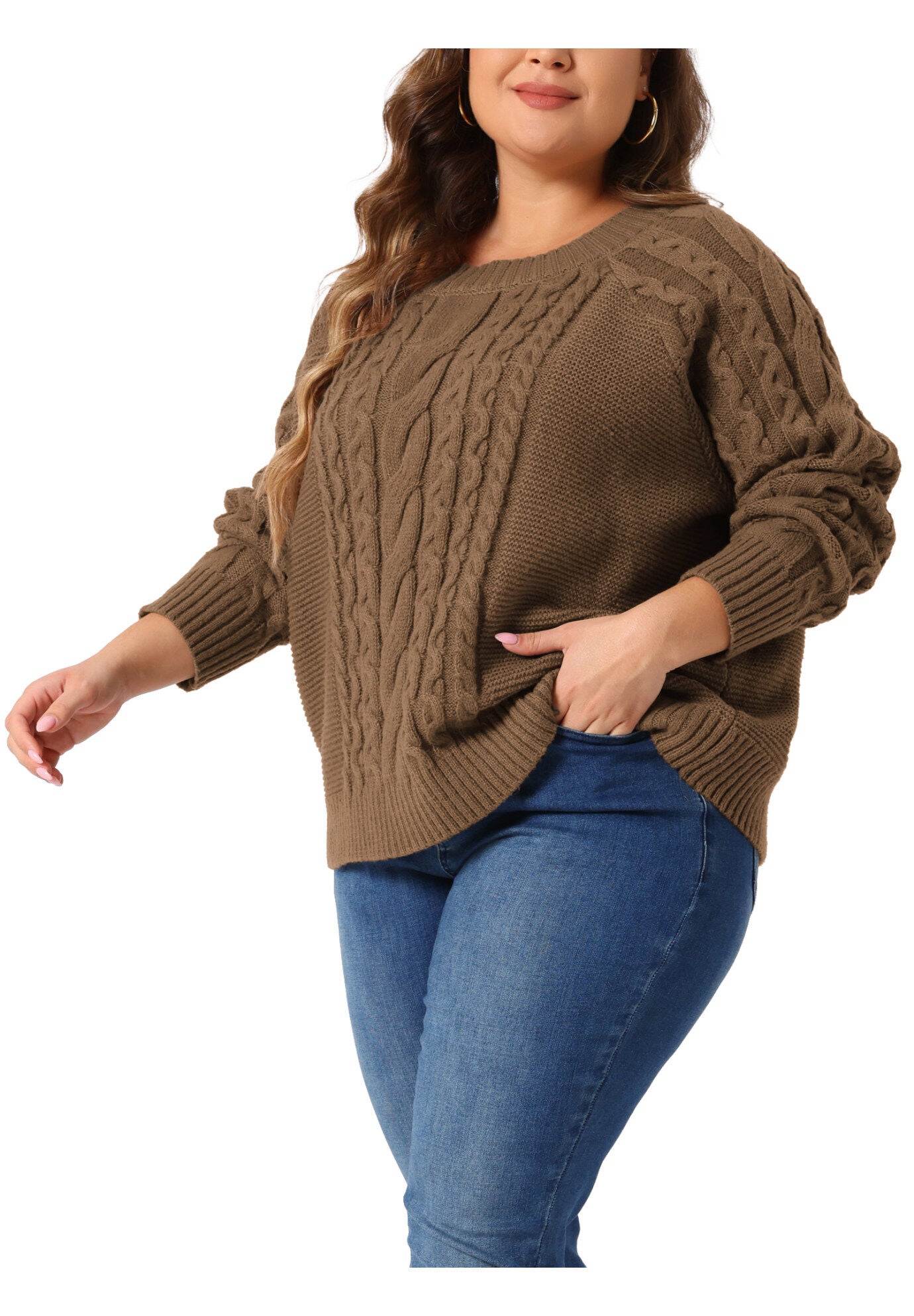 Long Sleeve Crewneck Fisherman Cable Pullover Sweater, Brown / Brown, alternate image number 1